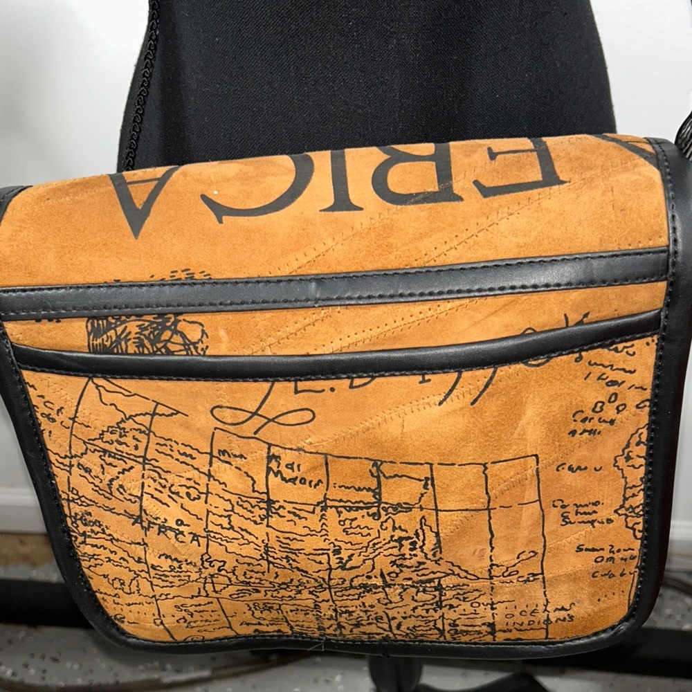 Brown and Black Map Suede Leather Shoulder Bag - Picture 3 of 8